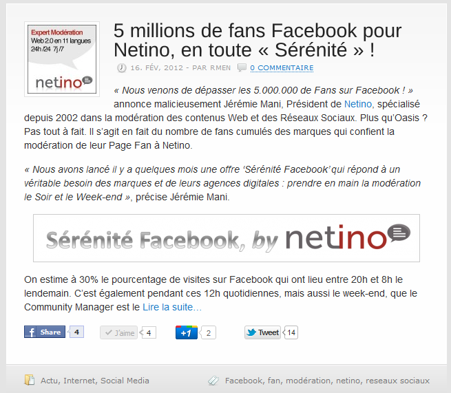 Article Frenchweb : 5 millions de Fans pour Netino