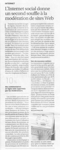 Article Les Echos : L'Internet social donne un second souffle à la modération des sites Web