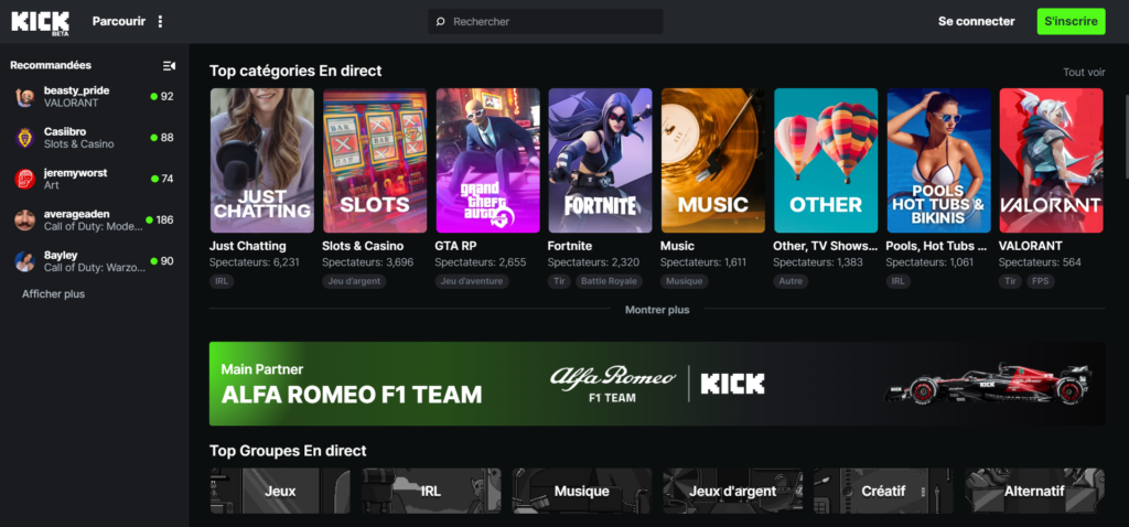 capture d'écran de la plateforme Kick